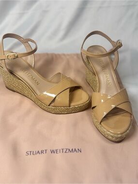 Stuart Weitzman Nude Patent Leather Espadrille Wedge Sandals 6.5